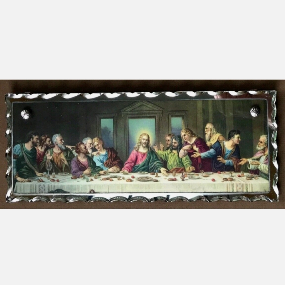 Antique 1920's LAST SUPPER Jesus Eglomise Mirror Glass Art Litho Print